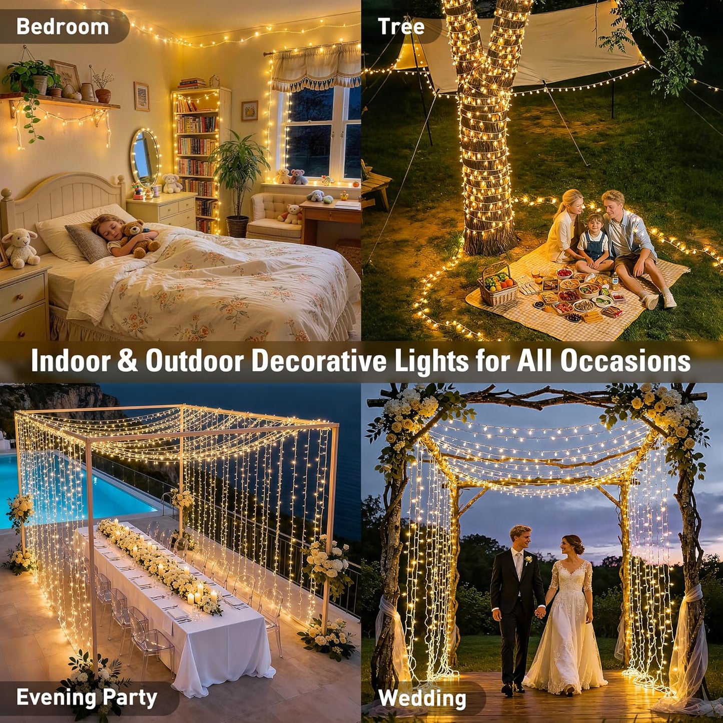 168FT 600 LED Christmas Lights Outdoor Waterproof Clear Wire Warm White Christmas Tree Lights Plug in String Fairy Lights for outside Indoor for Bedroom Wedding Party Holiday Xmas Decorations